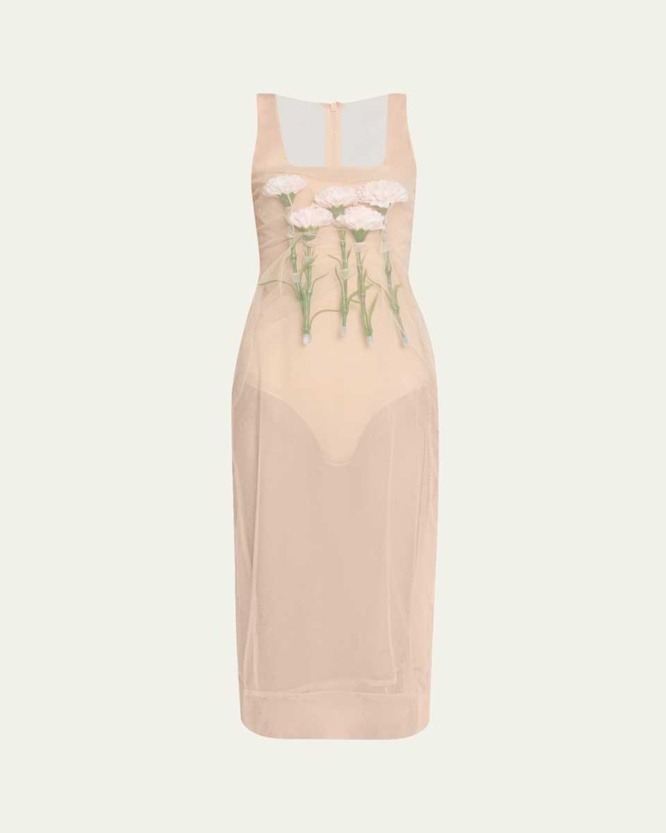Stuffed Carnation Square Neck Sheer Midi Dress